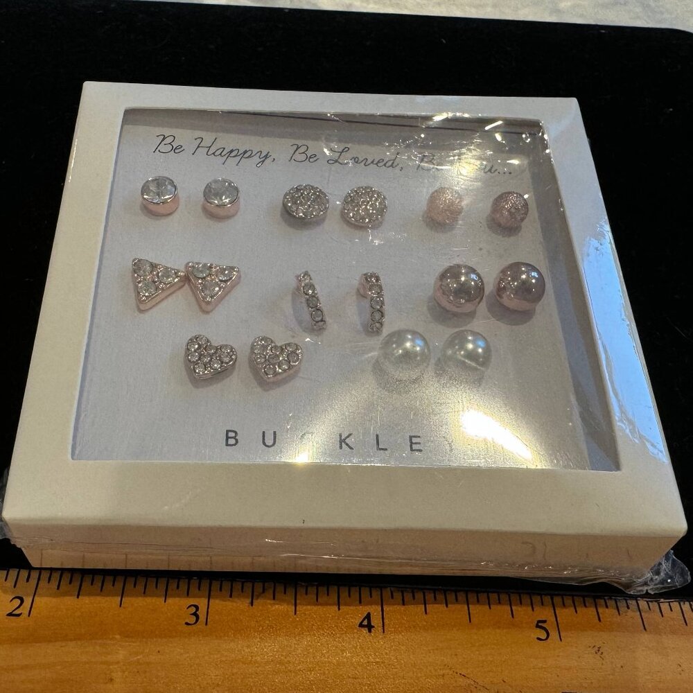 Buckley Womens 8 Piece Sparkling Be Happy Be Loved Be You Earrings Set Rose Gold